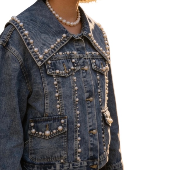 #A002   Pearl Embellished Denim Jacket – Size L – New without Tag - Picture 13 of 14